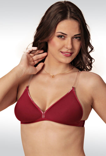 Backless Light Padded Bra With Transparent Back Strap Maroon