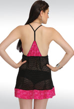 Sona Women Hot-Pink Net Lace Design Babydoll Nightwear Teddies Lingerie With Panty