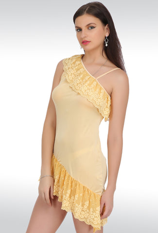 Sona Women Yellow Satin Babydoll Nightwear Lingerie dress with Panty