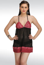 Sona Women Maroon Net Lace Design Babydoll Nightwear Teddies Lingerie With Panty