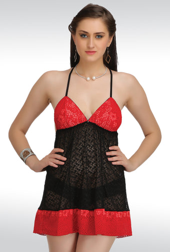 Sona Women Red Net Lace Design Babydoll Nightwear Teddies Lingerie With Panty